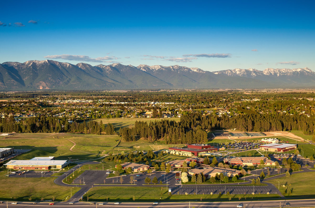 An aerial view of Flathead Valley Community College in Kalispell, Montana